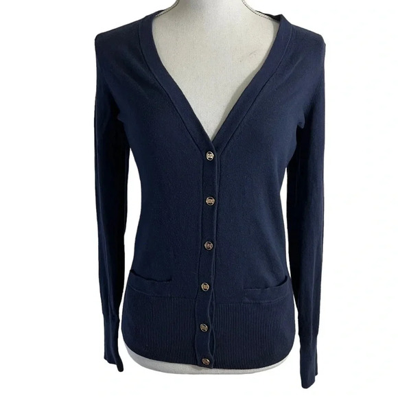 Banana Republic Navy Blue Cardigan Sweater XS Logo Buttons Pockets Office Wear - Picture 1 of 5